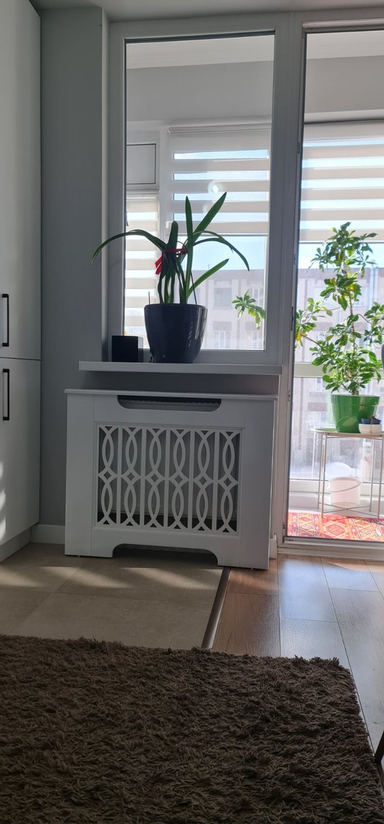 Mască albă cu model geometric, lângă fereastră, cu plante